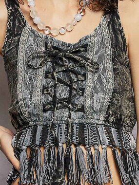 POL Lace-Up Fringe Hem Tank with Lace Detail